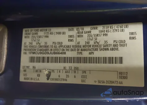 2018 Ford Escape Se из США, поврежденный, VIN 1FMCU9GD9JUB66408